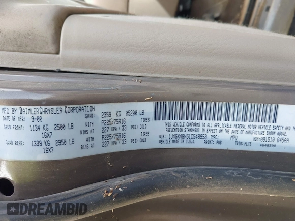 2001 Jeep Grand Cherokee Laredo z VIN 1J4GX48N51C548958, wystawiony jako IAAI lot #42460303 z przebiegiem 210 379 mil mil oraz . Historia ofert i sprzedaży dostępna na DreamBid. Obrazek 9.
