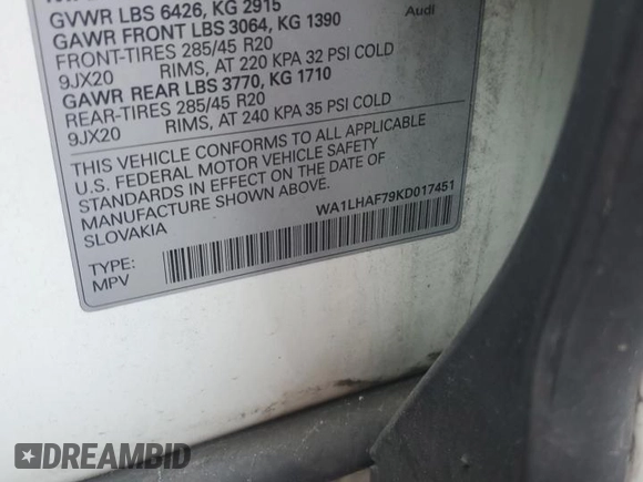 2019 Audi Q7 Premium Plus with VIN WA1LHAF79KD017451, listed as a Copart auction lot 61527125 with 129,180 mi miles and Salvage title. Bid and sale history available at DreamBid. Image 13.
