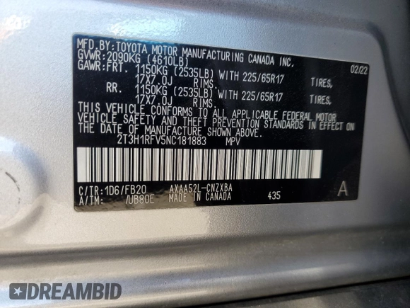 2022 Toyota RAV4 LE with VIN 2T3H1RFV5NC181883, listed as a Copart auction lot 57295335 with 57,508 mi miles and Salvage title. Bid and sale history available at DreamBid. Image 13.