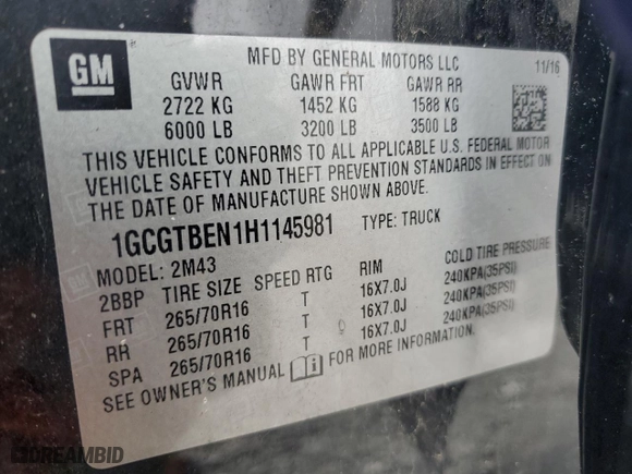 2017 Chevrolet Colorado 4WD WT with VIN 1GCGTBEN1H1145981, listed as a Copart auction lot 86451324 with 132,694 mi miles and Salvage Title. Bid and sale history available at carsss.com. Image 15.