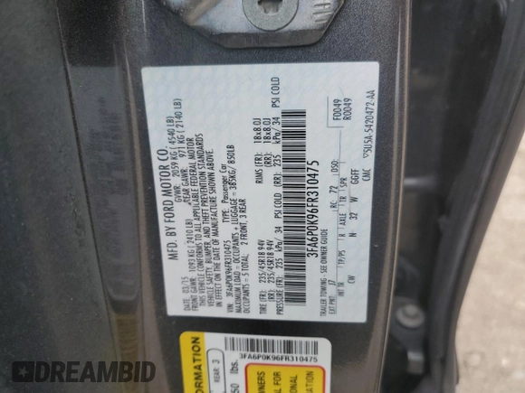 2015 Ford Fusion Titanium with VIN 3FA6P0K96FR310475, listed as a Copart auction lot 51222465 with 171,178 mi miles and Salvage Title. Bid and sale history available at carsss.com. Image 12.