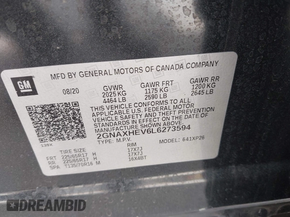 2020 Chevrolet Equinox LS with VIN 2GNAXHEV6L6273594, listed as a IAAI auction lot 42047135 with 56,028 mi miles and . Bid and sale history available at DreamBid. Image 9.