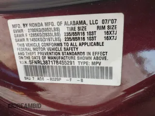 2007 Honda Odyssey EX-L with VIN 5FNRL38717B455291, listed as a IAAI auction lot 42253070 with 222,016 mi miles and . Bid and sale history available at DreamBid. Image 9.