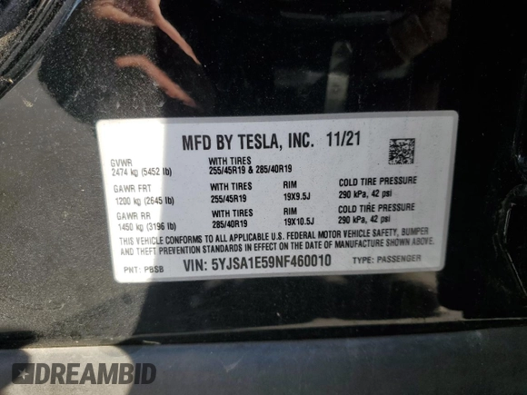 2022 Tesla Model S with VIN 5YJSA1E59NF460010, listed as a Copart auction lot 42797455 with Not provided miles and Salvage title. Bid and sale history available at DreamBid. Image 16.