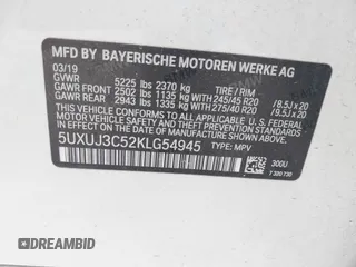 2019 BMW X4 xDrive30i with VIN 5UXUJ3C52KLG54945, listed as a IAAI auction lot 42083434 with 153,956 mi miles and . Bid and sale history available at DreamBid. Image 9.