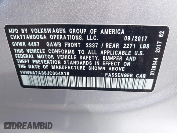2018 Volkswagen Passat SE z VIN 1VWBA7A38JC004818, wystawiony jako IAAI lot #42205205 z przebiegiem 105 559 mil mil oraz . Historia ofert i sprzedaży dostępna na DreamBid. Obrazek 9.