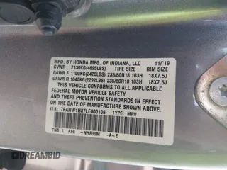 2020 Honda CR-V EX-L z VIN 7FARW1H87LE000108, wystawiony jako IAAI lot #41835381 z przebiegiem Nie podano mil oraz . Historia ofert i sprzedaży dostępna na DreamBid. Obrazek 9.