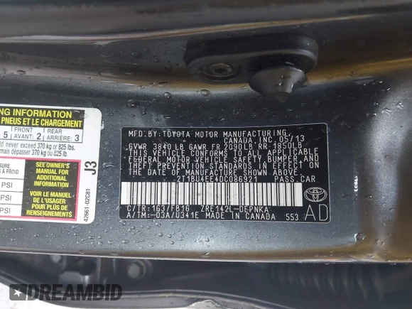 2013 Toyota Corolla L with VIN 2T1BU4EE4DC086921, listed as a IAAI auction lot 41923208 with 124,728 mi miles and . Bid and sale history available at DreamBid. Image 9.