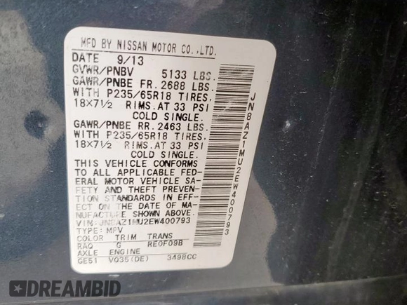 2014 Nissan Murano S with VIN JN8AZ1MU2EW400793, listed as a Copart auction lot 49130295 with 148,320 mi miles and Clean Title. Bid and sale history available at carsss.com. Image 12.