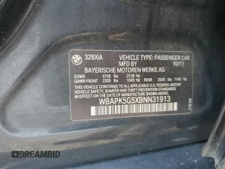 2011 BMW 3 Series 328i xDrive with VIN WBAPK5G5XBNN31913, listed as a Copart auction lot 57527705 with 193,160 mi miles and Clean title. Bid and sale history available at DreamBid. Image 12.
