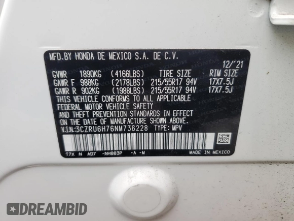 2022 Honda HR-V EX-L with VIN 3CZRU6H76NM736228, listed as a Copart auction lot 49910815 with 18,211 mi miles and Salvage Title. Bid and sale history available at carsss.com. Image 15.