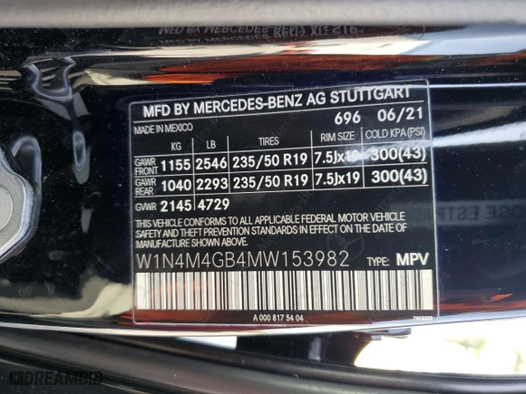 2021 Mercedes-Benz GLB with VIN W1N4M4GB4MW153982, listed as a Copart auction lot 49570455 with 31,817 mi miles and Salvage Title. Bid and sale history available at carsss.com. Image 13.