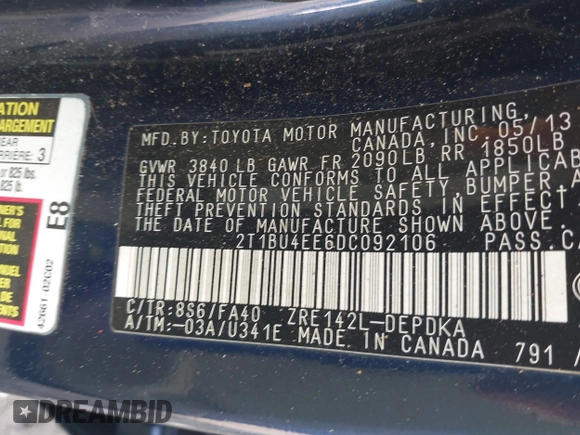 2013 Toyota Corolla L with VIN 2T1BU4EE6DC092106, listed as a IAAI auction lot 41801572 with 182,248 mi miles and . Bid and sale history available at DreamBid. Image 9.