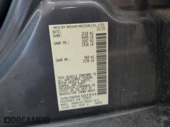 2019 Nissan Altima SV z VIN 1N4BL4DW9KN301934, wystawiony jako Copart lot #59717785 z przebiegiem 162 905 mil mil oraz Szkoda całkowita • Salvage title. Historia ofert i sprzedaży dostępna na DreamBid. Obrazek 12.
