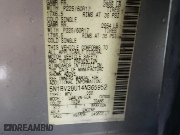2004 Nissan Quest S z VIN 5N1BV28U14N365952, wystawiony jako Copart lot #48902965 z przebiegiem 131 203 mil mil oraz Szkoda całkowita • Salvage title. Historia ofert i sprzedaży dostępna na DreamBid. Obrazek 13.