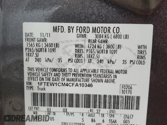 2012 Ford F-150 XL with VIN 1FTEW1CM4CFA10346, listed as a Copart auction lot 72077774 with 155,022 mi miles and Salvage Title. Bid and sale history available at carsss.com. Image 12.