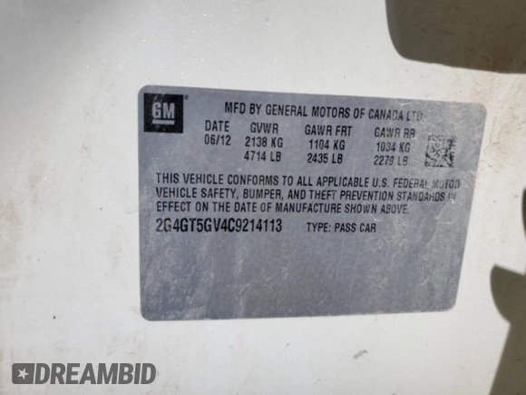 2012 Buick Regal Turbo Premium 2 with VIN 2G4GT5GV4C9214113, listed as a Copart auction lot 62910805 with 128,167 mi miles and Non repairable. Bid and sale history available at DreamBid. Image 12.