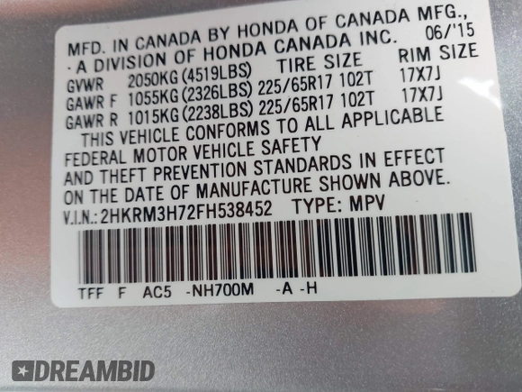 2015 Honda CR-V EX-L with VIN 2HKRM3H72FH538452, listed as a IAAI auction lot 42027471 with 66,348 mi miles. Bid and sale history available at carsss.com. Image 9.
