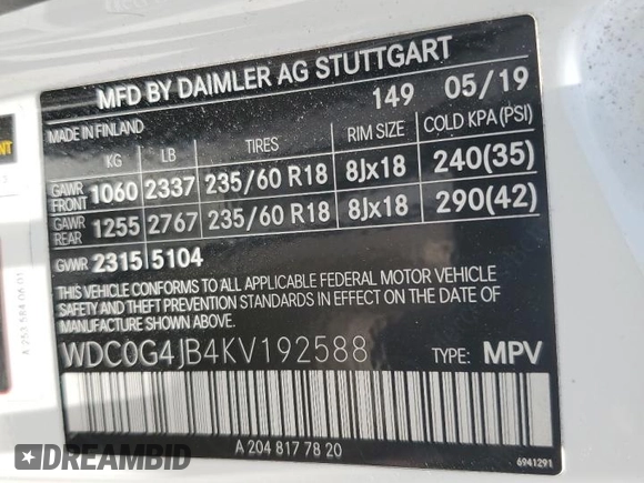 2019 Mercedes-Benz GLC 300 with VIN WDC0G4JB4KV192588, listed as a Copart auction lot 56736075 with 97,261 mi miles and Non repairable. Bid and sale history available at DreamBid. Image 13.