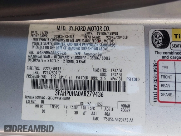 2010 Ford Fusion SE with VIN 3FAHP0HA0AR279436, listed as a IAAI auction lot 42627235 with 190,666 mi miles and . Bid and sale history available at DreamBid. Image 9.