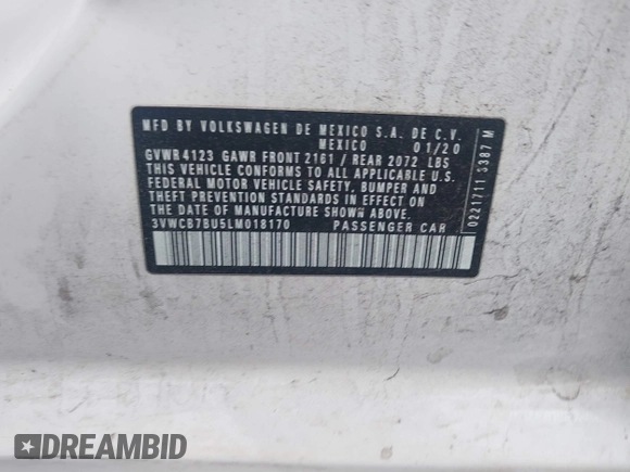 2020 Volkswagen Jetta S z VIN 3VWCB7BU5LM018170, wystawiony jako IAAI lot #41915030 z przebiegiem 83 566 mil mil oraz . Historia ofert i sprzedaży dostępna na DreamBid. Obrazek 9.