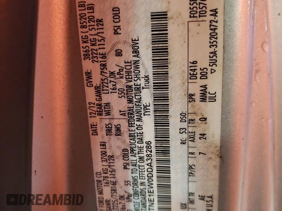2013 Ford Econoline Cargo Commercial with VIN 1FTNE1EW0DDA38286, listed as a Copart auction lot 81737604 with Not provided miles and Non repairable. Bid and sale history available at DreamBid. Image 12.