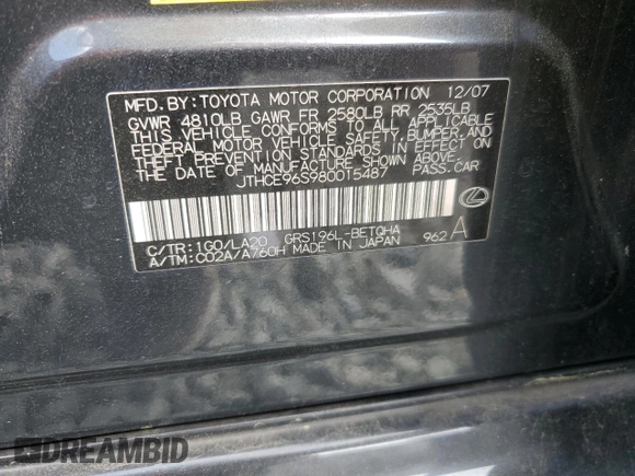 2008 Lexus GS 350 with VIN JTHCE96S980015487, listed as a Copart auction lot 54610395 with 218,209 mi miles and Salvage Title. Bid and sale history available at DreamBid. Image 13.