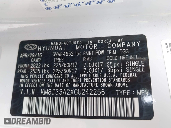 2016 Hyundai Tucson Sport with VIN KM8J33A2XGU242256, listed as a IAAI auction lot 41065573 with 97,503 mi miles. Bid and sale history available at carsss.com. Image 9.