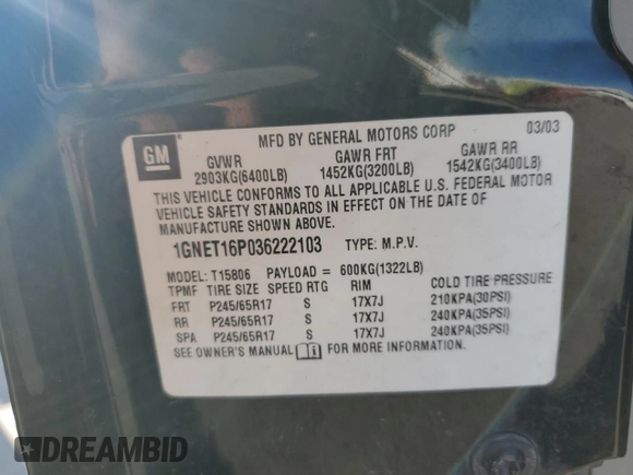 2003 Chevrolet TrailBlazer EXT LT with VIN 1GNET16P036222103, listed as a Copart auction lot 78271774 with 205,015 mi miles and Salvage Title. Bid and sale history available at DreamBid. Image 13.
