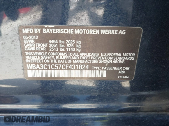 2012 BMW 3 Series 328i with VIN WBA3C1C57CF431824, listed as a IAAI auction lot 42585462 with 183,008 mi miles and . Bid and sale history available at DreamBid. Image 9.