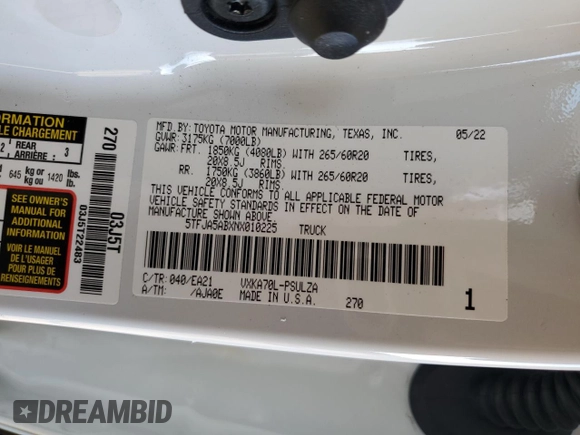 2022 Toyota Tundra Limited with VIN 5TFJA5ABXNX010225, listed as a Copart auction lot 41929245 with 28,476 mi miles and Salvage title. Bid and sale history available at DreamBid. Image 13.