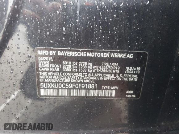 2015 BMW X6 sDrive35i with VIN 5UXKU0C59F0F91881, listed as a Copart auction lot 69878554 with 120,065 mi miles and Salvage Title. Bid and sale history available at carsss.com. Image 13.