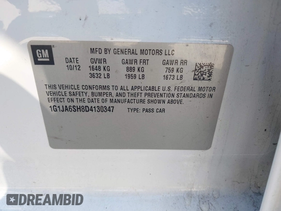 2013 Chevrolet Sonic LS with VIN 1G1JA6SH8D4130347, listed as a IAAI auction lot 42146150 with 144,120 mi miles and . Bid and sale history available at DreamBid. Image 9.