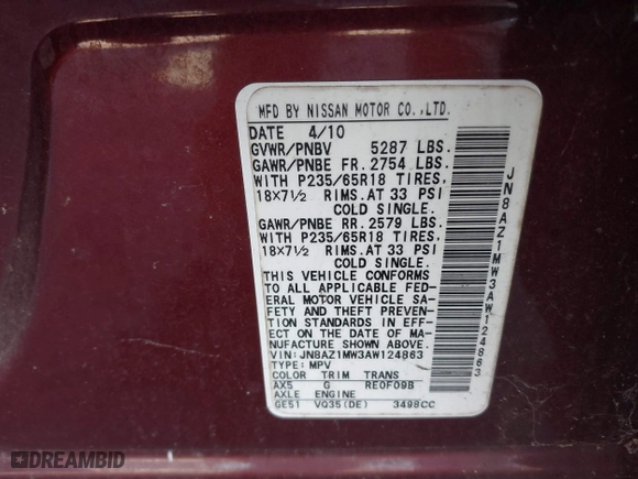 2010 Nissan Murano SL with VIN JN8AZ1MW3AW124863, listed as a IAAI auction lot 41670932 with 221,730 mi miles. Bid and sale history available at carsss.com. Image 9.