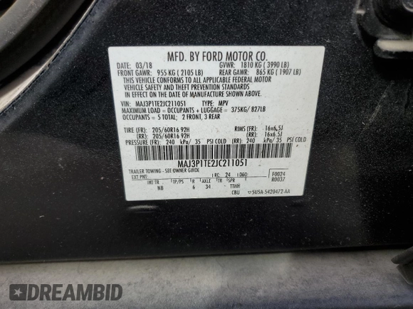 2018 Ford EcoSport SE z VIN MAJ3P1TE2JC211051, wystawiony jako Copart lot #55259245 z przebiegiem 113 303 mil mil oraz Nie do naprawy. Historia ofert i sprzedaży dostępna na DreamBid. Obrazek 14.