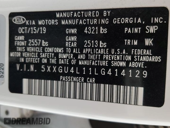 2020 Kia Optima EX Premium with VIN 5XXGU4L11LG414129, listed as a Copart auction lot 47490225 with 76,063 mi miles and Clean Title. Bid and sale history available at carsss.com. Image 13.