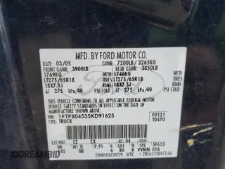 2005 Ford F-150 XLT with VIN 1FTPX04535KD91625, listed as a Copart auction lot 47796825 with 155,039 mi miles and Clean title. Bid and sale history available at DreamBid. Image 12.