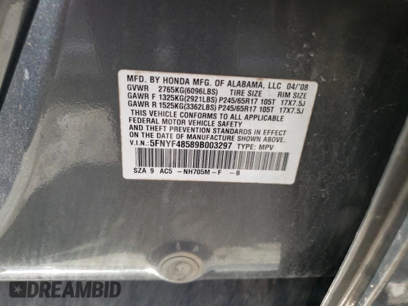 2009 Honda Pilot EX-L z VIN 5FNYF48589B003297, wystawiony jako Copart lot #57162245 z przebiegiem 191 883 mil mil oraz Szkoda całkowita • Salvage title. Historia ofert i sprzedaży dostępna na DreamBid. Obrazek 13.