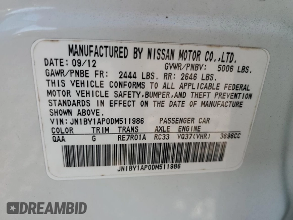 2013 Infiniti M37 with VIN JN1BY1AP0DM511986, listed as a Copart auction lot 86157824 with 125,464 mi miles and Salvage Title. Bid and sale history available at carsss.com. Image 12.