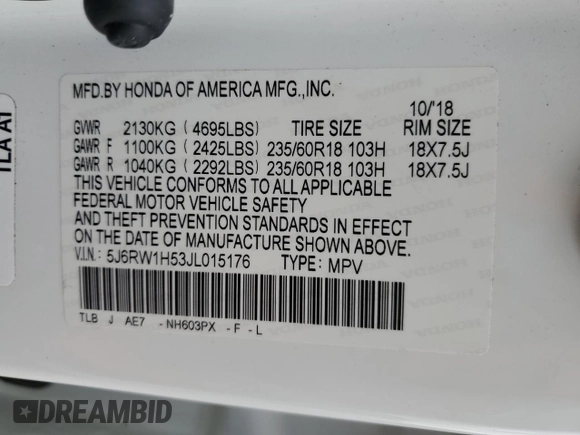 2018 Honda CR-V EX with VIN 5J6RW1H53JL015176, listed as a Copart auction lot 50735295 with 68,885 mi miles and Clean Title. Bid and sale history available at DreamBid. Image 12.