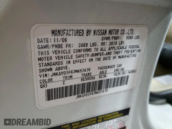 2007 Infiniti M x with VIN JNKAY01F67M457476, listed as a Copart auction lot 44972695 with 188,971 mi miles and Non repairable. Bid and sale history available at DreamBid. Image 12.