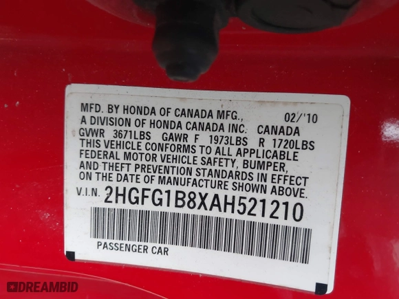 2010 Honda Civic Cpe EX with VIN 2HGFG1B8XAH521210, listed as a IAAI auction lot 41837547 with 132,911 mi miles. Bid and sale history available at carsss.com. Image 9.