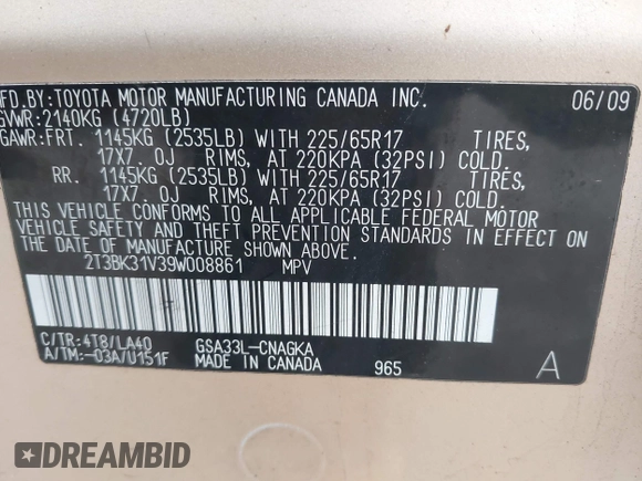 2009 Toyota RAV4 Ltd with VIN 2T3BK31V39W008861, listed as a IAAI auction lot 41690921 with 198,510 mi miles. Bid and sale history available at carsss.com. Image 9.