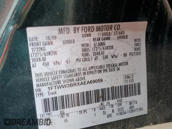 2010 Ford F-350 XL с VIN 1FTWW3BRXAEA69059, выставлен на аукционе Copart как лот 51343495 с пробегом 186 042 миль миль и Чистый • Clean title. История ставок и продаж доступна на DreamBid. Изображение 12.