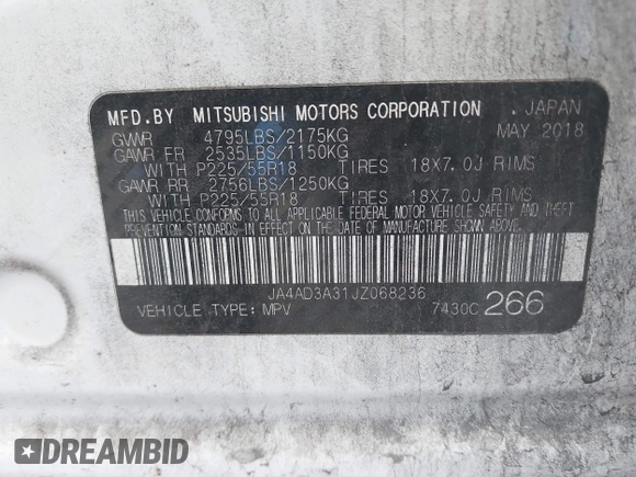 2018 Mitsubishi Outlander SE with VIN JA4AD3A31JZ068236, listed as a IAAI auction lot 40917348 with 144,529 mi miles and . Bid and sale history available at DreamBid. Image 9.