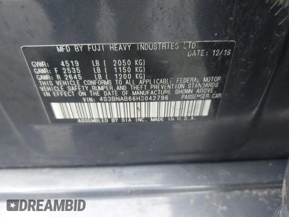 2017 Subaru Legacy z VIN 4S3BNAB66H3042796, wystawiony jako IAAI lot #41730844 z przebiegiem 83 040 mil mil oraz . Historia ofert i sprzedaży dostępna na DreamBid. Obrazek 9.