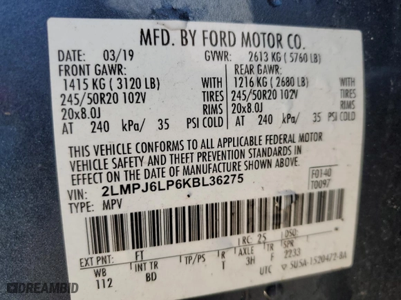 2019 Lincoln Nautilus Reserve with VIN 2LMPJ6LP6KBL36275, listed as a Copart auction lot 44921115 with 0 mi miles and Non Repairable. Bid and sale history available at carsss.com. Image 13.