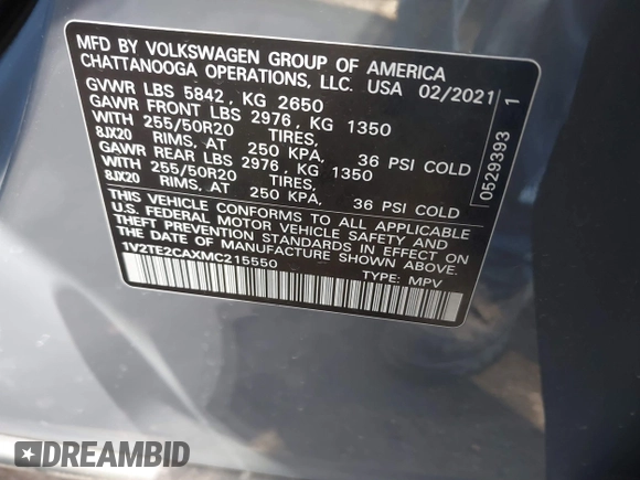 2021 Volkswagen Atlas SEL Premium with VIN 1V2TE2CAXMC215550, listed as a IAAI auction lot 41579665 with 55,264 mi miles and . Bid and sale history available at DreamBid. Image 9.