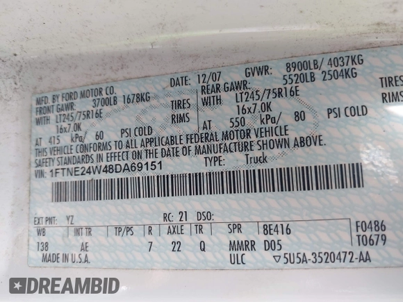2008 Ford Econoline Cargo Commercial with VIN 1FTNE24W48DA69151, listed as a IAAI auction lot 42025690 with Not Provided miles and . Bid and sale history available at DreamBid. Image 9.