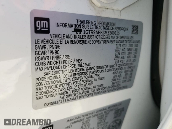 2021 GMC Sierra 1500 with VIN 1GTR9AEK3MZ360815, listed as a Copart auction lot 48519405 with 30,310 mi miles and Salvage Title. Bid and sale history available at DreamBid. Image 12.